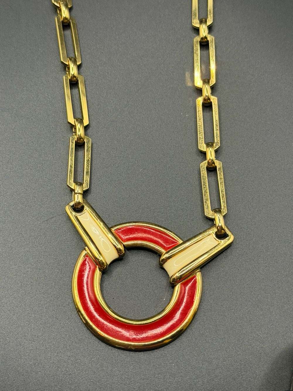 Vintage Monet Gold Tone Red and Cream Enamel Circle Link Necklace